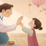 Illustration of a Korean parent gently explaining the need for a haircut to their young child in a w...