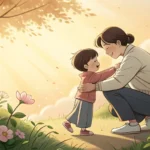 Illustration depicting a Korean parent offering a sun hat to a young child on a sunny day, represent...