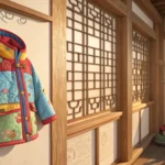 Child's colorful jacket hanging by a traditional Korean window, symbolizing preparing for a cool day...