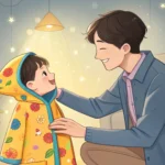 Illustration of a Korean parent offering a raincoat to a child on a rainy day, representing learning...
