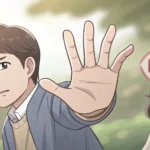 A Korean parent's hand gesturing stop, symbolizing a gentle warning about safety, with a blurred kit...