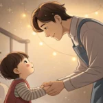 Illustration showing a Korean parent gently stopping a child from approaching living room shelves, r...