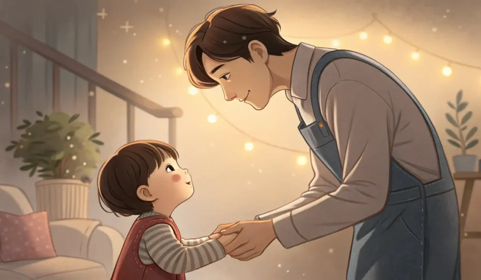 Illustration showing a Korean parent gently stopping a child from approaching living room shelves, r...