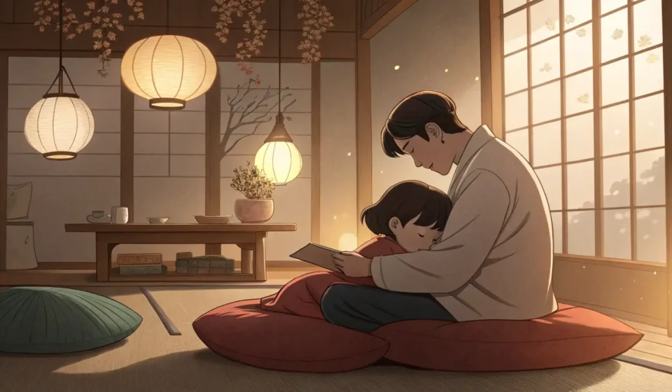 Korean parent and child having a gentle conversation in a traditional Korean setting, symbolizing de...