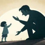Illustration showing silhouettes of a Korean parent and child in a warm room, symbolizing a parent e...