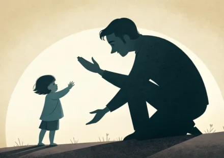 Illustration showing silhouettes of a Korean parent and child in a warm room, symbolizing a parent e...