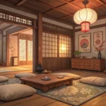 Illustration of a peaceful traditional Korean room with cushions and a blanket, symbolizing naptime...