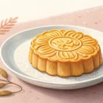 Stylized illustration of a single traditional Korean yakgwa cookie on a simple plate, representing t...