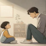 A Korean parent and child sitting together, discussing playtime rules while looking towards a clock...