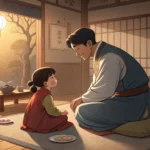 Illustration of a Korean parent kindly but firmly explaining something to a young child in a home se...