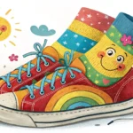 Illustration of colourful, mismatched socks worn inside sandals, placed on a Korean-style floor, rep...