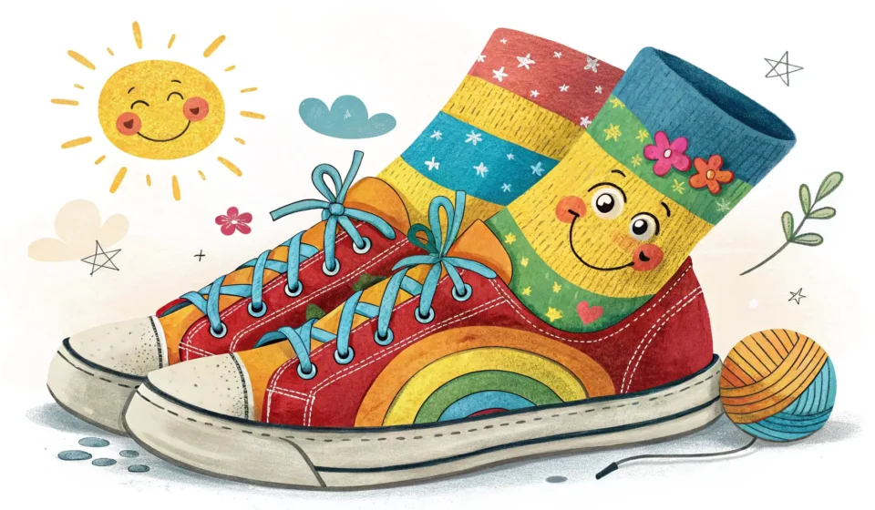 Illustration of colourful, mismatched socks worn inside sandals, placed on a Korean-style floor, rep...