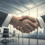 A professional handshake symbolizing a business agreement, set against a modern Korean cityscape bac...