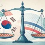 Stylized graphic of scales of justice incorporating Korean design elements, symbolizing the concept...