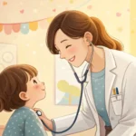 Illustration of a Korean pediatrician examining a child in a clinic, representing learning Korean vo...