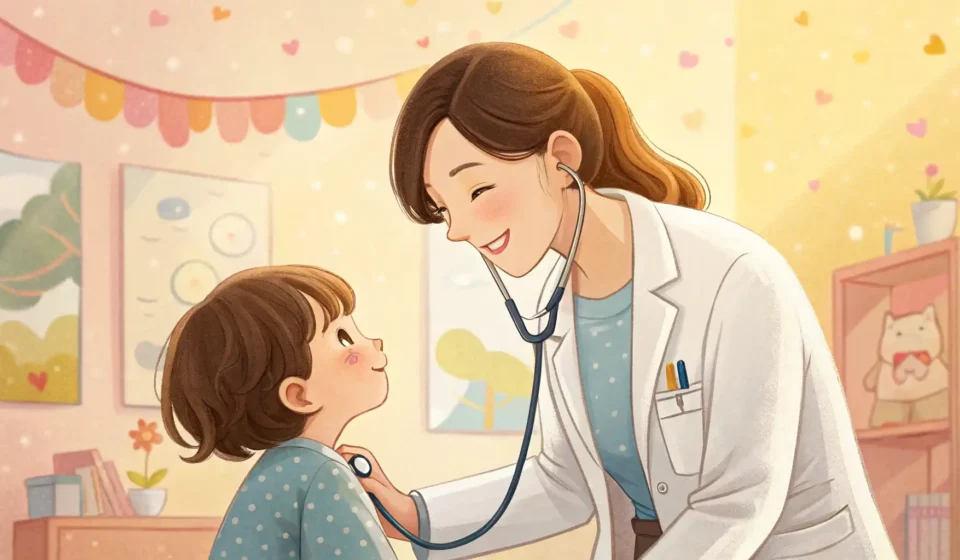 Illustration of a Korean pediatrician examining a child in a clinic, representing learning Korean vo...