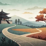 Stylized illustration showing diverging paths: one towards a Korean palace gate silhouette, the othe...