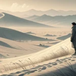 Stylized Korean ink wash painting depicting a lone figure contemplating vast sand dunes under a swir...