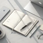 A professional desk setup with notes, pen, laptop, and phone, symbolizing preparation for a Korean p...