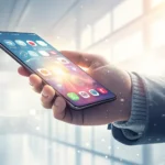 Hand holding a smartphone inside a modern Korean mobile phone store, illustrating the process of sig...