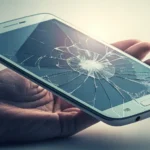 Hand holding a smartphone with a cracked screen in front of a Korean phone repair service center cou...