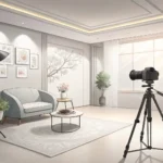 Interior view of a modern Korean photo studio setup with a professional camera, tripod, backdrop, an...