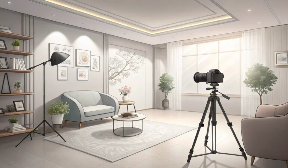 Interior view of a modern Korean photo studio setup with a professional camera, tripod, backdrop, an...