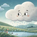 Stylized illustration showing a large, thoughtful cloud observing a person in traditional Korean att...