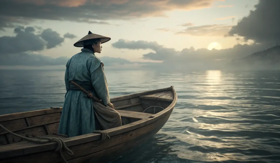 A traditional Korean sailor figure looking into a mysterious, glowing fog bank over the sea, symboli...