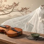 A ghostly Korean hanbok sleeve touches a violin, symbolizing the Korean phrase for a ghost composer...