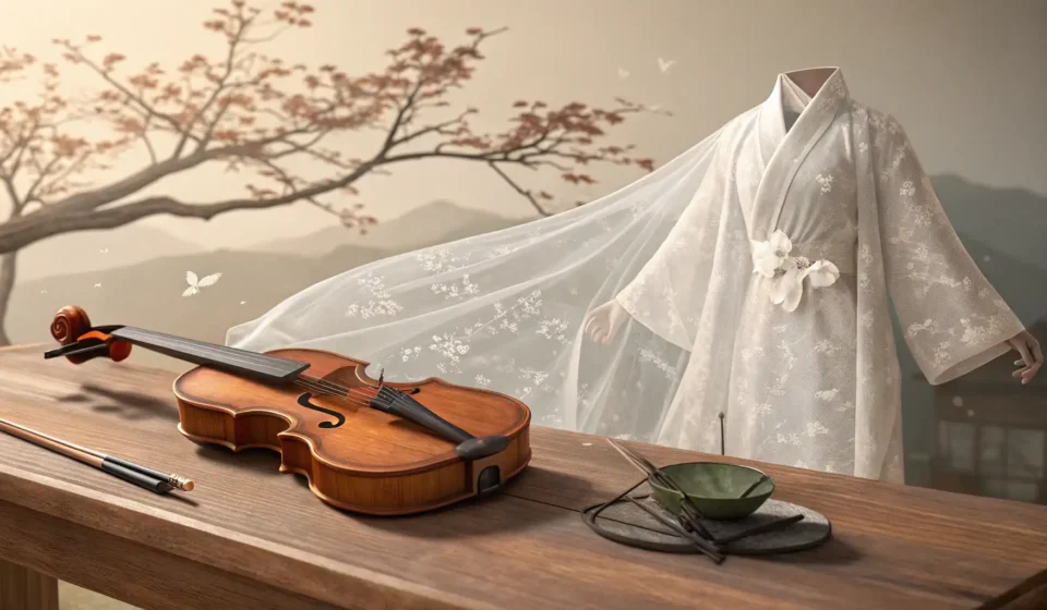 A ghostly Korean hanbok sleeve touches a violin, symbolizing the Korean phrase for a ghost composer...