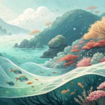 Stylized underwater scene representing a Korean learning topic about a mermaid sculptor and sea glas...
