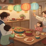 Illustration of a Korean parent explaining to a child about waiting for dinner instead of eating sna...