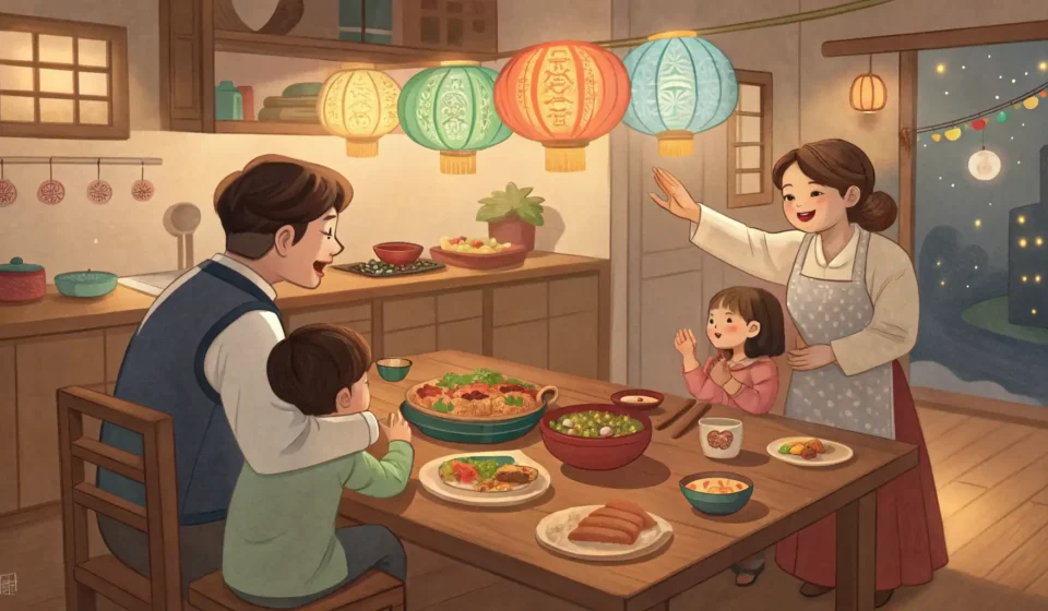 Illustration of a Korean parent explaining to a child about waiting for dinner instead of eating sna...