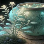 Glowing fantasy herbs in a traditional Korean ceramic bowl, symbolizing learning Korean phrases for...