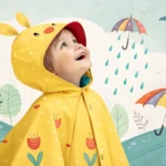 Illustration of a happy child wearing a rain poncho in a park during rain, with a parent's hand near...
