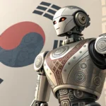 Stylized illustration of a futuristic robot with Korean design elements debating a glowing, ancient...
