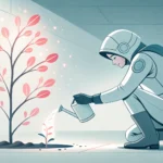 Stylized illustration: futuristic figure tends glowing plants on asteroid fragment amidst swirling c...