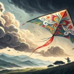 Stylized illustration of a traditional Korean kite flying amidst dark, swirling storm clouds with li...
