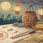 Stylized illustration of Korean fortune-telling tools on a table amidst swirling time patterns, symb...