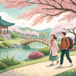 Illustration of a couple enjoying a walk on a path through a scenic Korean park with trees, flowers,...