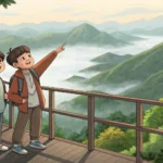 Illustration of one friend encouraging a hesitant friend on a high platform overlooking a Korean mou...