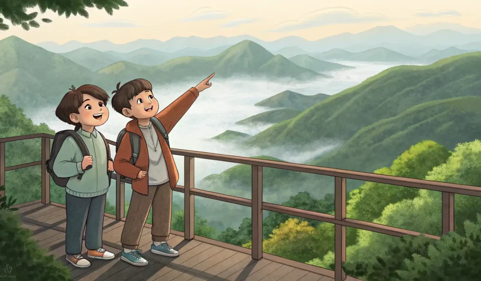 Illustration of one friend encouraging a hesitant friend on a high platform overlooking a Korean mou...
