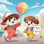 Illustration of two happy Korean friends in a K-webtoon style, one enthusiastically inviting the oth...