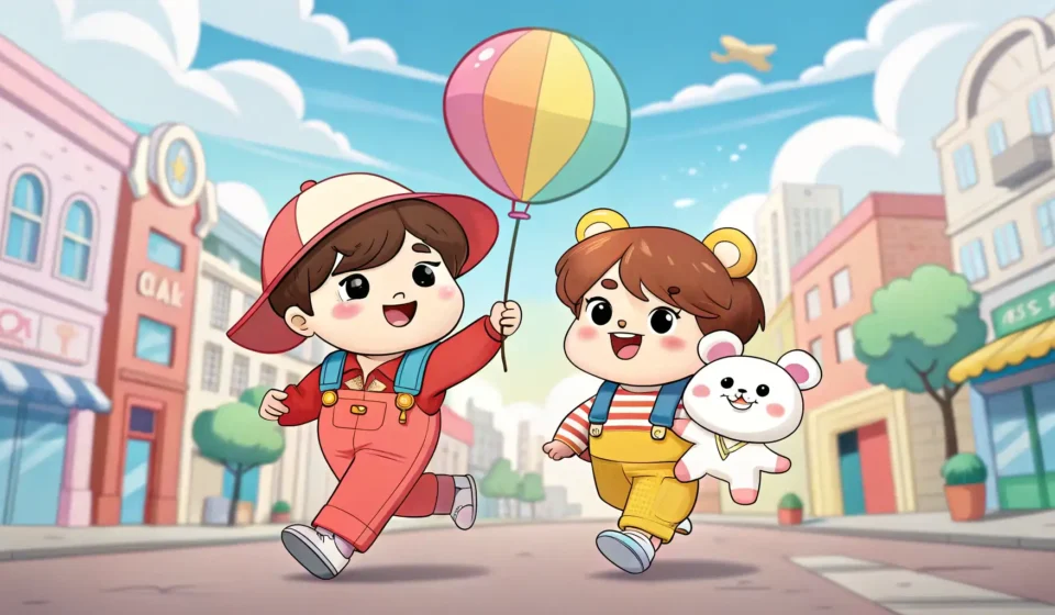 Illustration of two happy Korean friends in a K-webtoon style, one enthusiastically inviting the oth...
