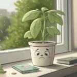 A cute illustration shows a single potted herb wilting slightly on a windowsill, symbolizing a faile...