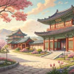 Illustration of a visitor in Hanbok admiring a beautiful historical Korean palace, representing lear...