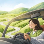 Illustration of a Korean couple driving through the countryside, planning a picnic, representing Kor...