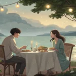 A young Korean couple enjoys dinner by the sea at sunset, subtly suggesting plans for a boat trip wi...