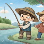 Illustration showing one friend laughing at another friend who caught no fish, representing Korean p...